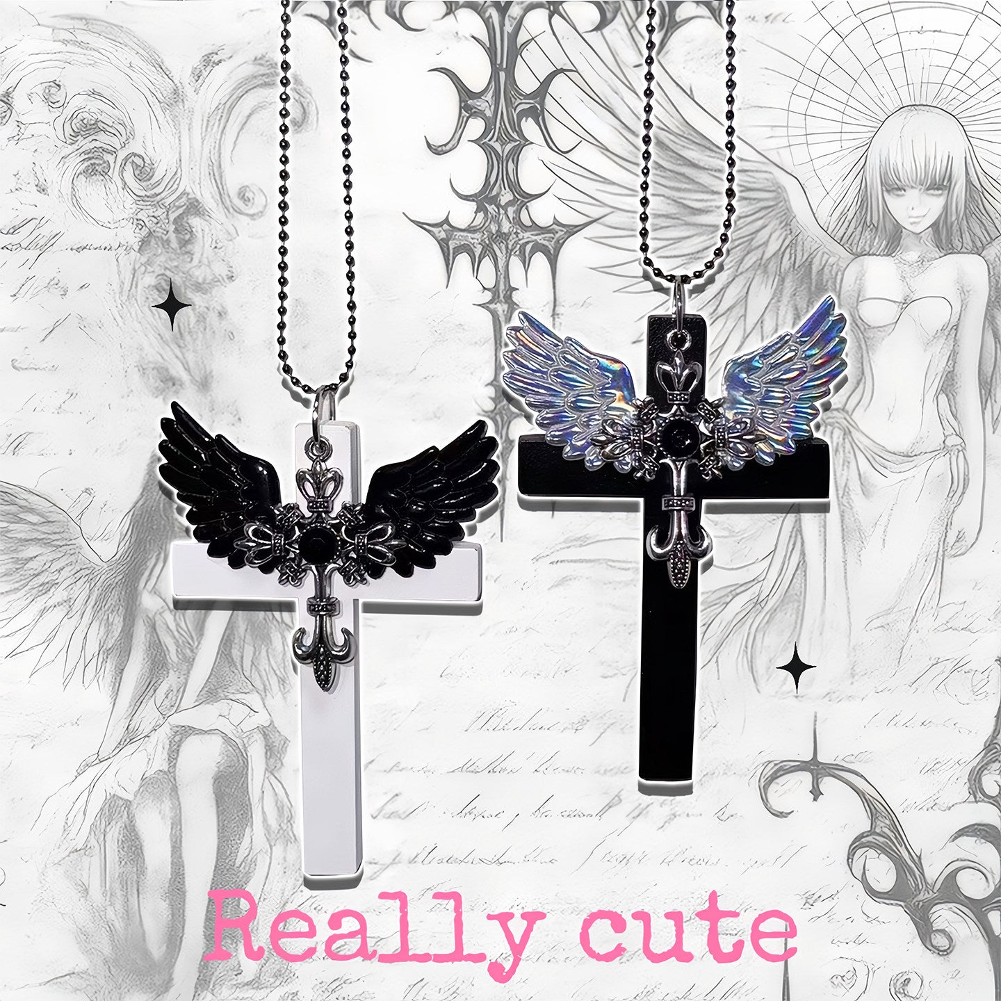 Angel Wing Cross Necklace Y2K Gothic Jewelry by Land Decora