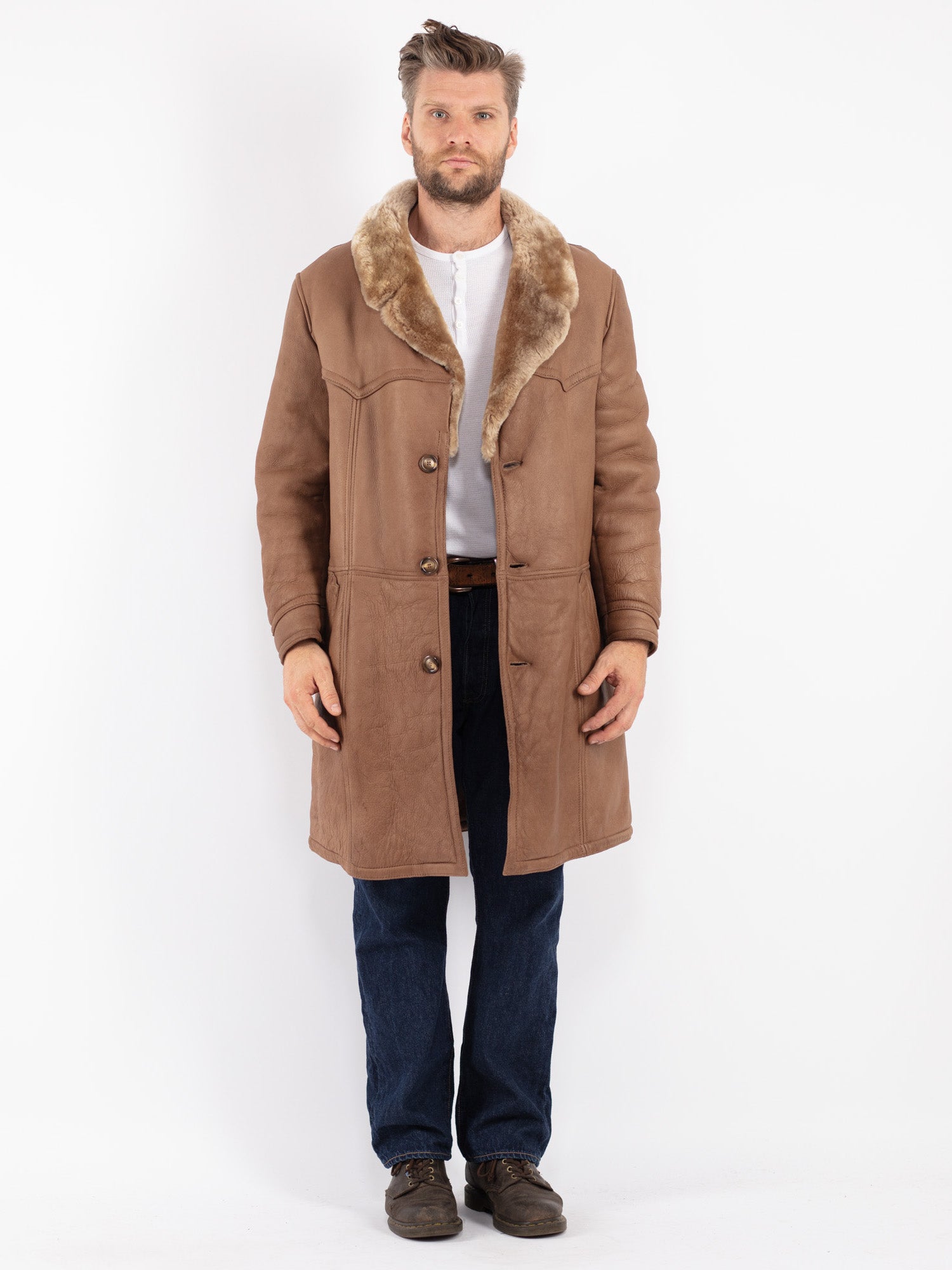 Vintage 70's Men Sheepskin Coat in Beige by Northern Grip