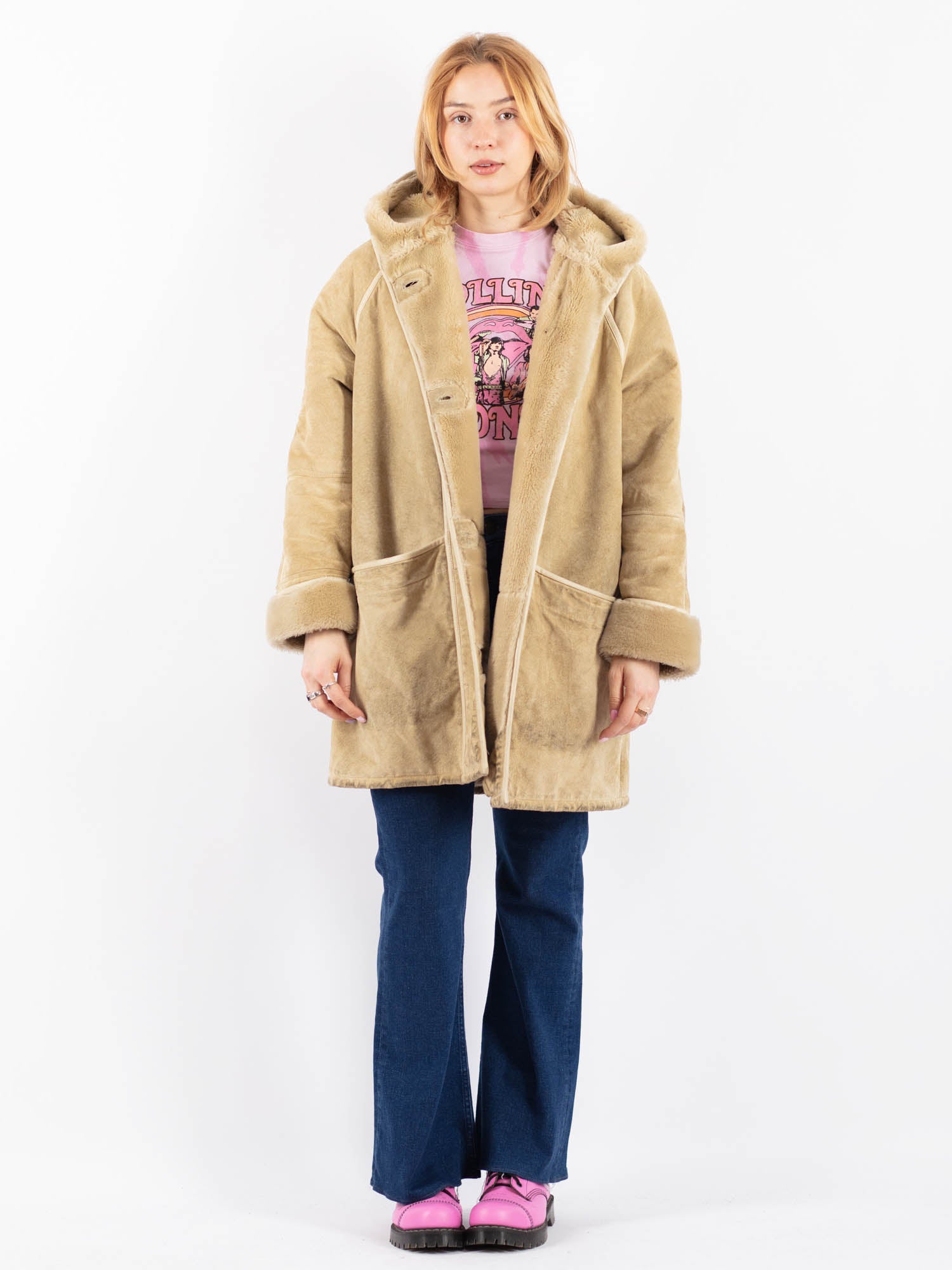 Vintage 90's Women Suede Sherpa Coat in Beige by Northern Grip