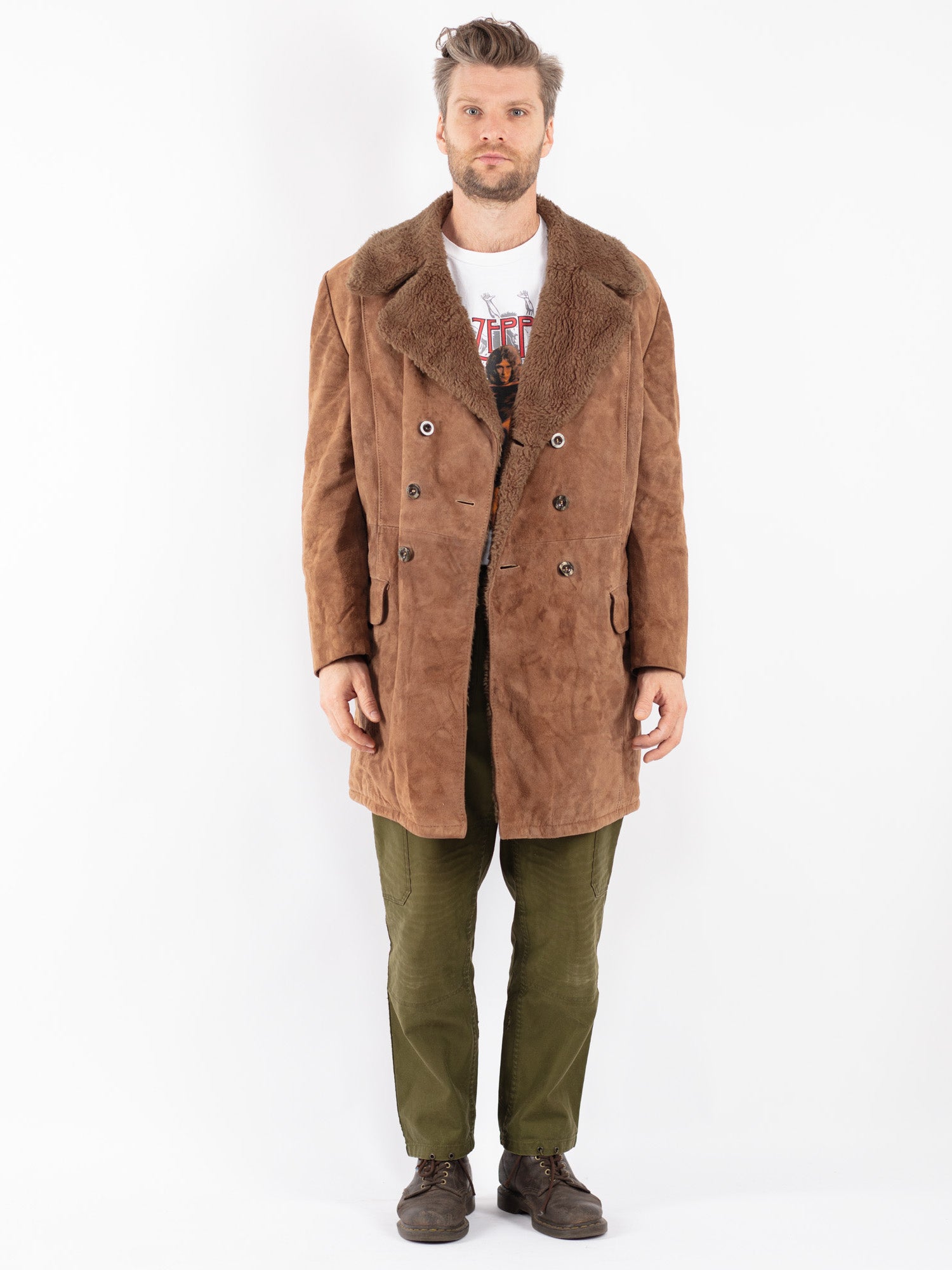 Vintage 70's Men Suede Sherpa Coat in Beige by Northern Grip