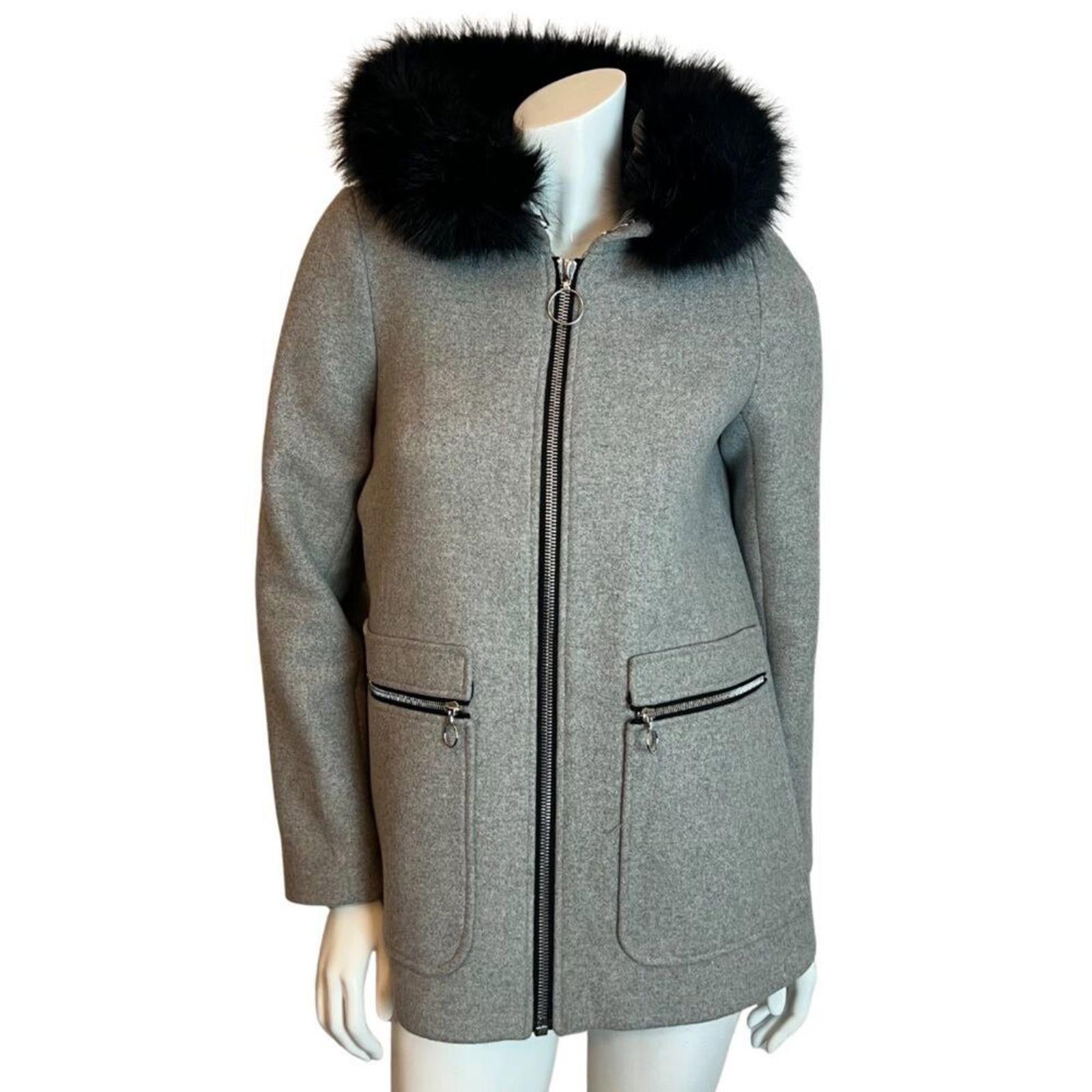 Maje Greli Fur Trimmed Coat Grey Wool Jacket Black Fur Size 38 EU M US by Hot Girl Secondhand