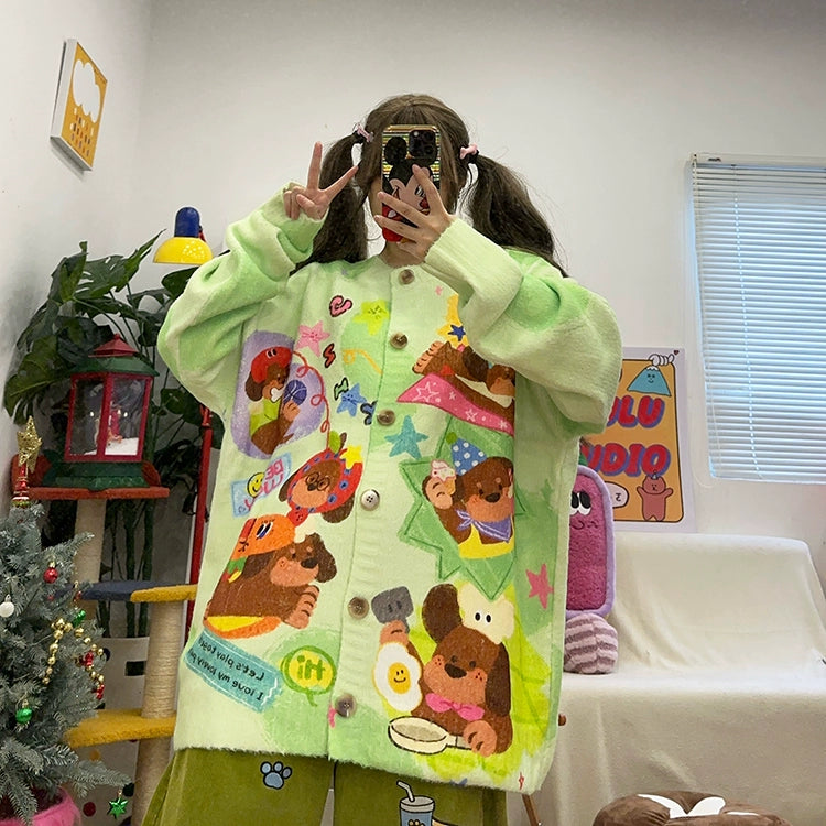 Kidcore Cardigan – Retro Puppy Print Cozy – BIBULU by Land Decora