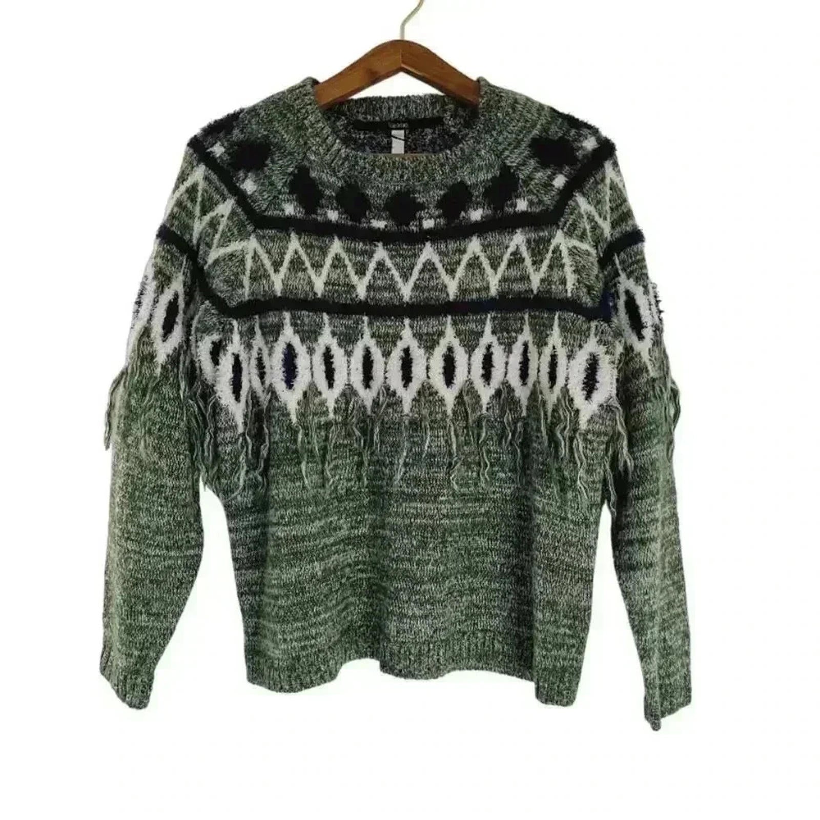 Kensie Green Sweater With Blue White Geometric Print Tassels Knit Size by Hot Girl Secondhand