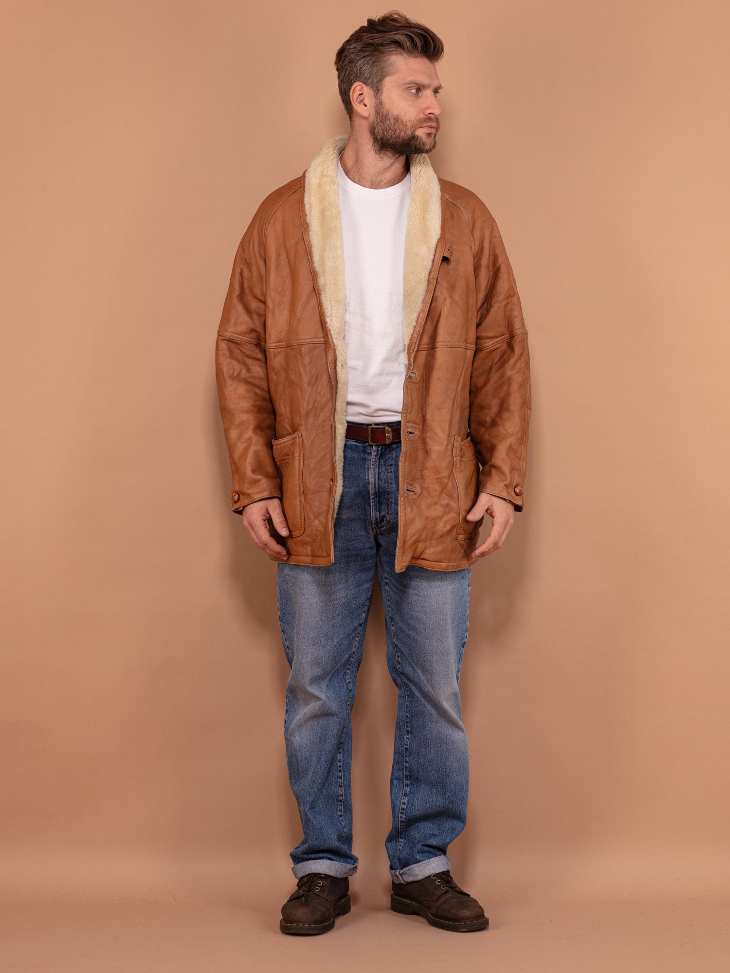 Vintage 80's Men Sheepskin Leather Coat in Brown by Northern Grip