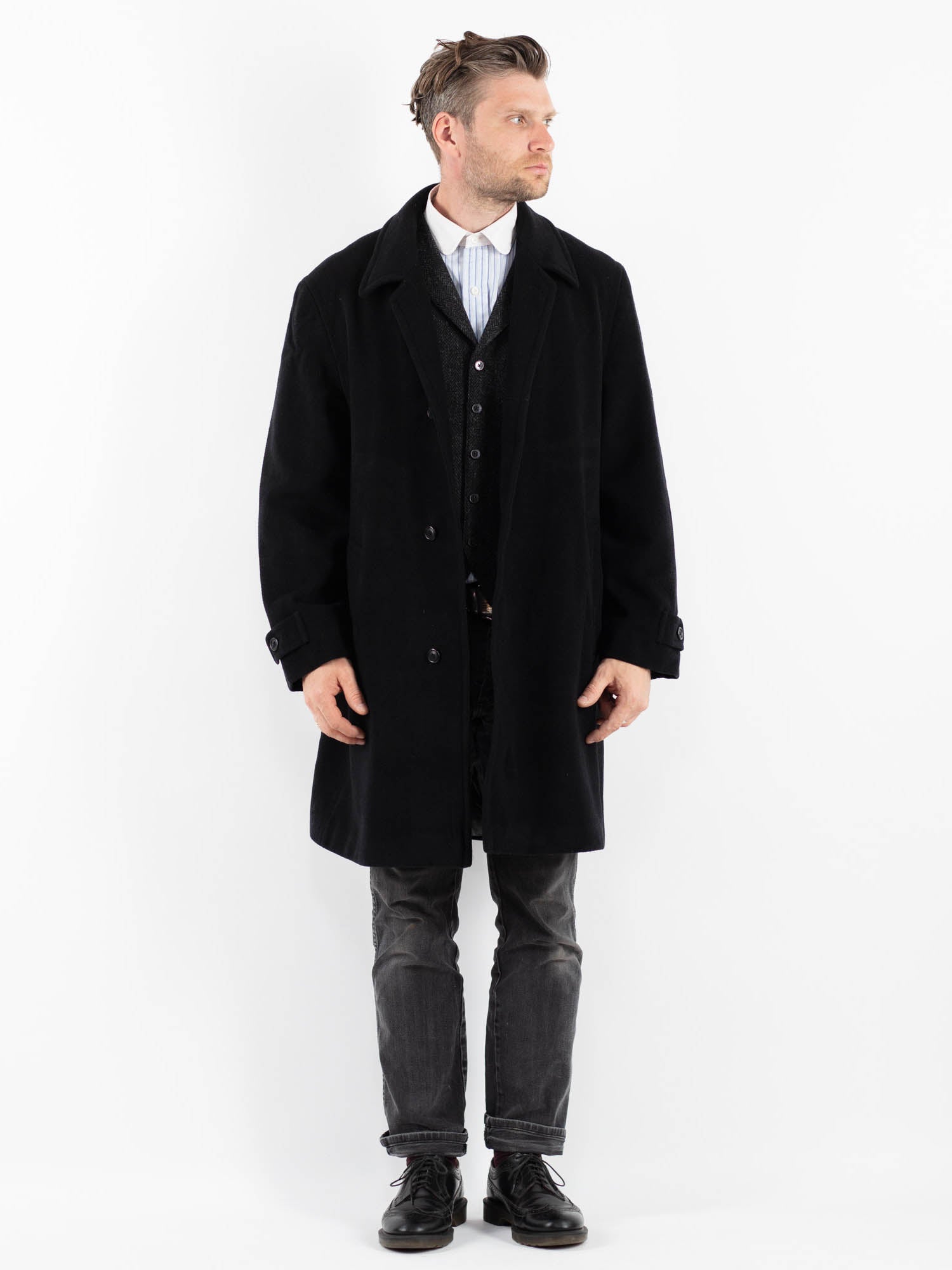 Vintage 90's Men Cashmere Wool Blend Coat in Black by Northern Grip