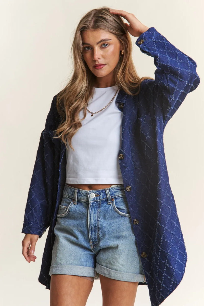 J.NNA Rhombus Stitched Button Up Denim Shacket by RAËLIV