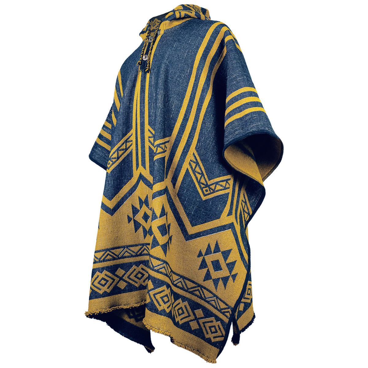 Paccha Hooded Llama Wool Poncho – Blue & Yellow by ECUALAMA