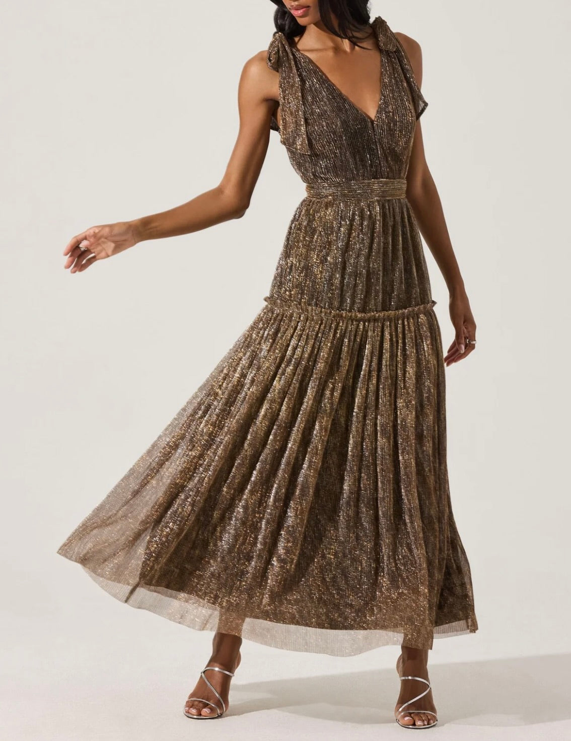 ASTR The Label Desma Metallic V-Neck Maxi Dress by Sierra Deene