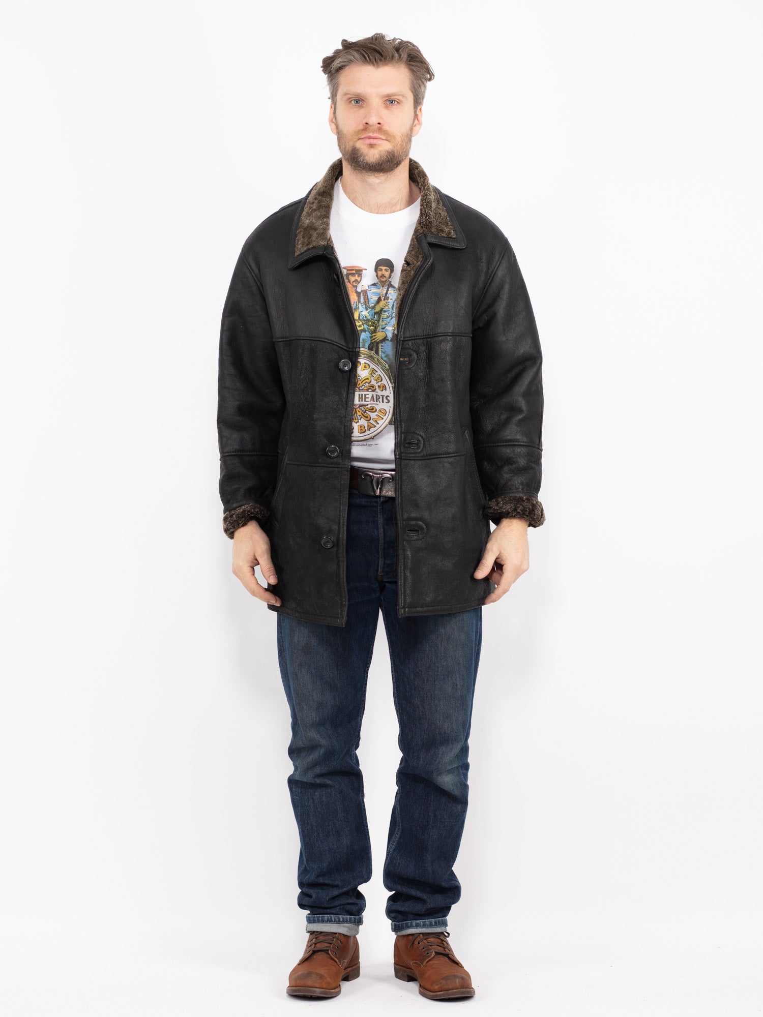 Vintage 90's Men Sheepskin Coat in Black by Northern Grip