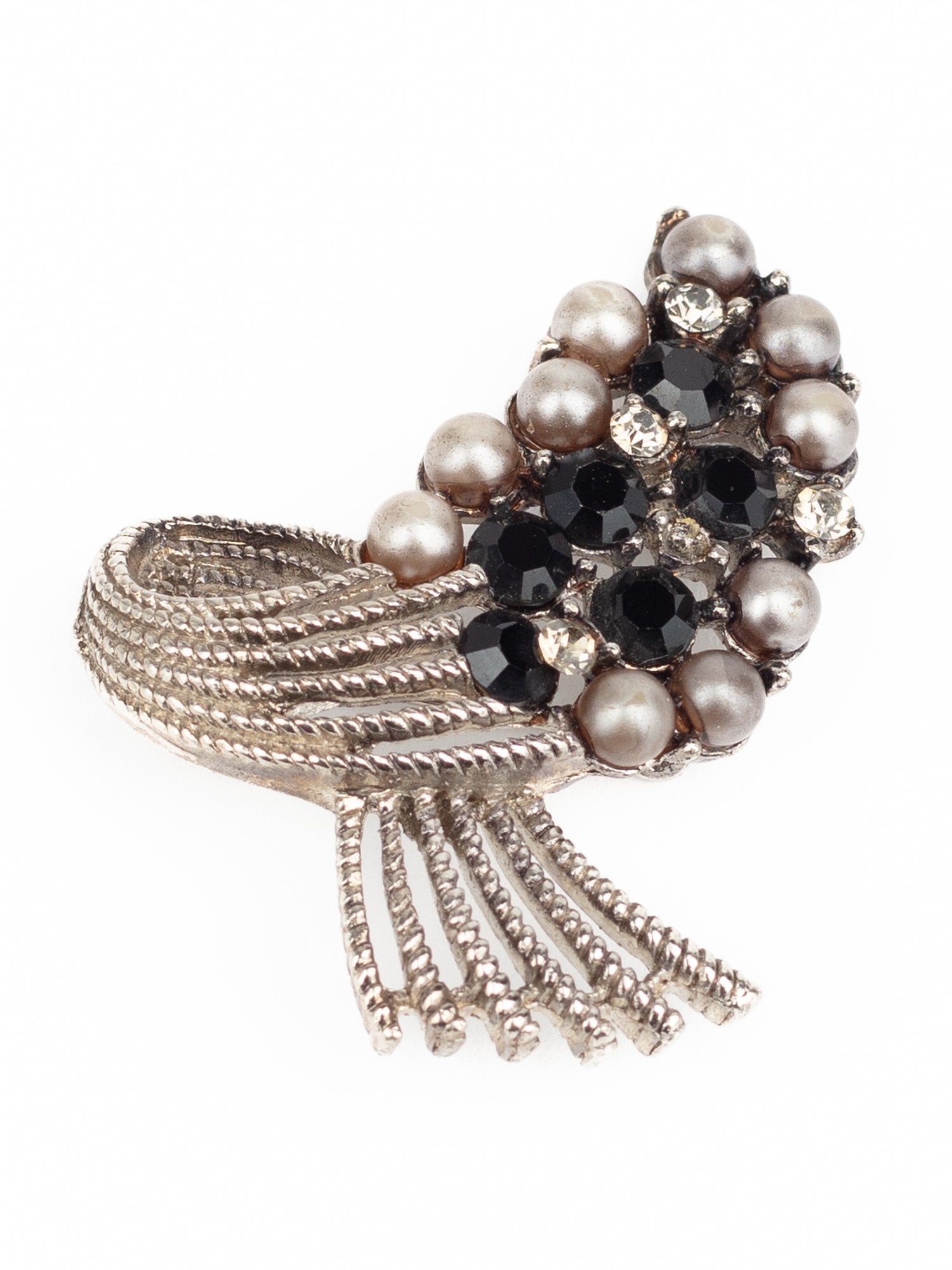 Vintage 50s Silver-Tone Bow Brooch with Faux Pearls and Black Rhinestones by Northern Grip