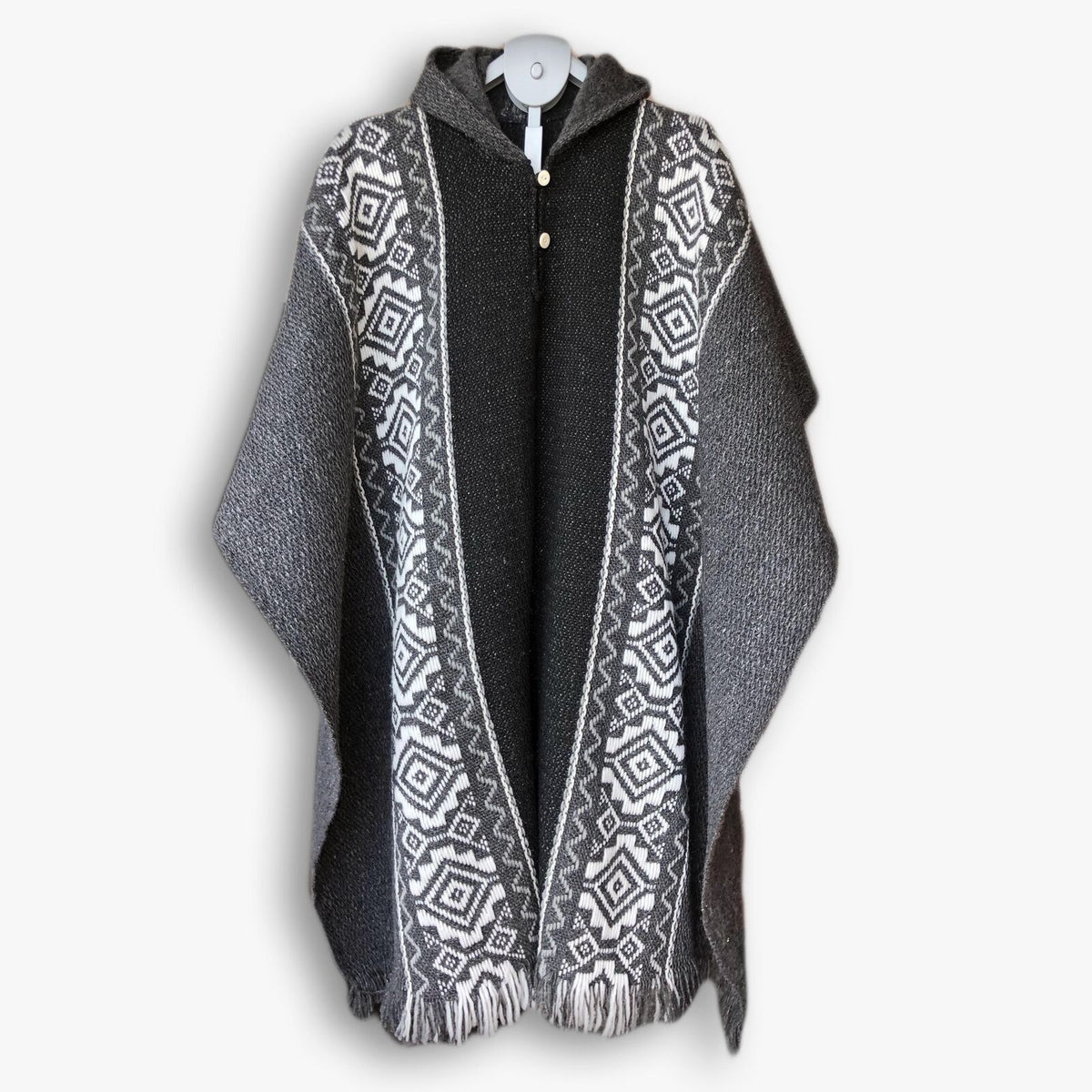 Llama Wool Unisex South American Handwoven Hooded Poncho - black/dark by ECUALAMA
