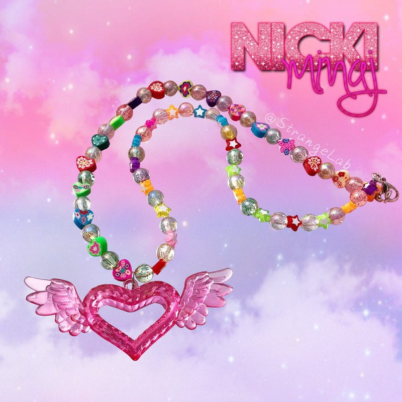 Sparkly Heart Wing Beaded Statement Necklace | Decora Harajuku Jewelry | Strangelab by Land Decora