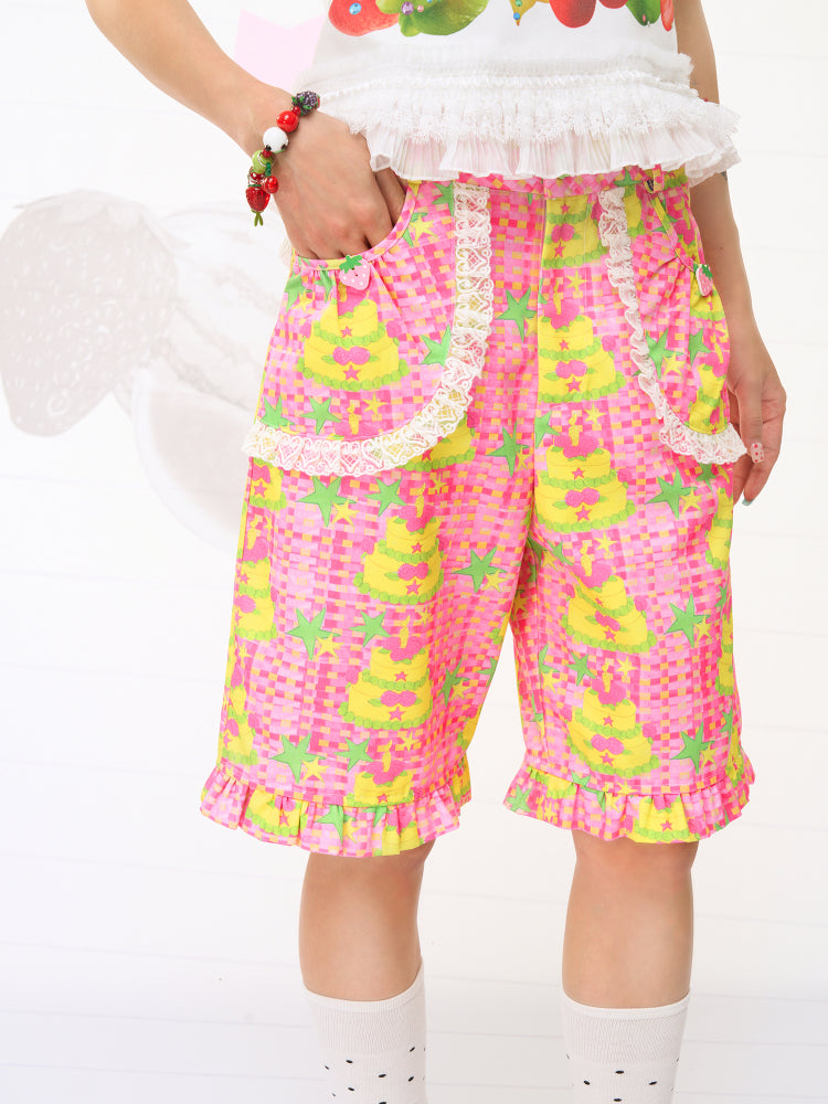 FRUITS Cake Illustration Shorts | Lace-Trimmed Culottes by Land Decora