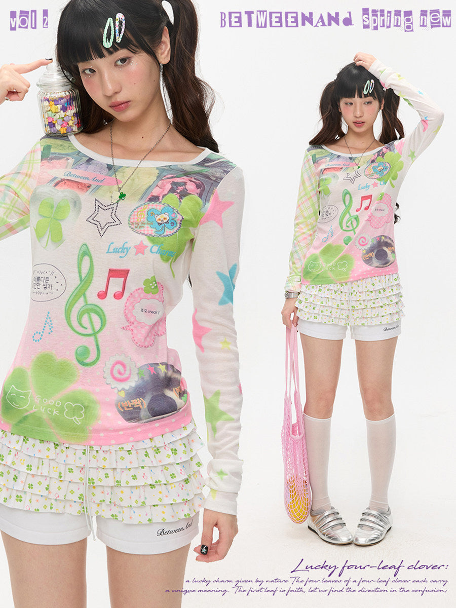 Y2K Lucky Note Print Long Sleeve Top - BETWEENAND by Land Decora