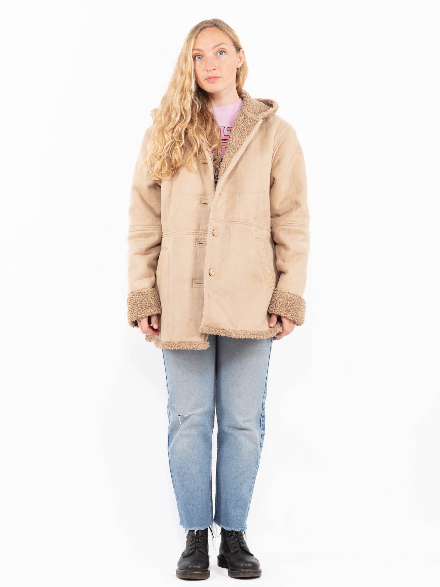 Vintage 00's Women Hooded Faux Sheepskin Coat in Beige by Northern Grip