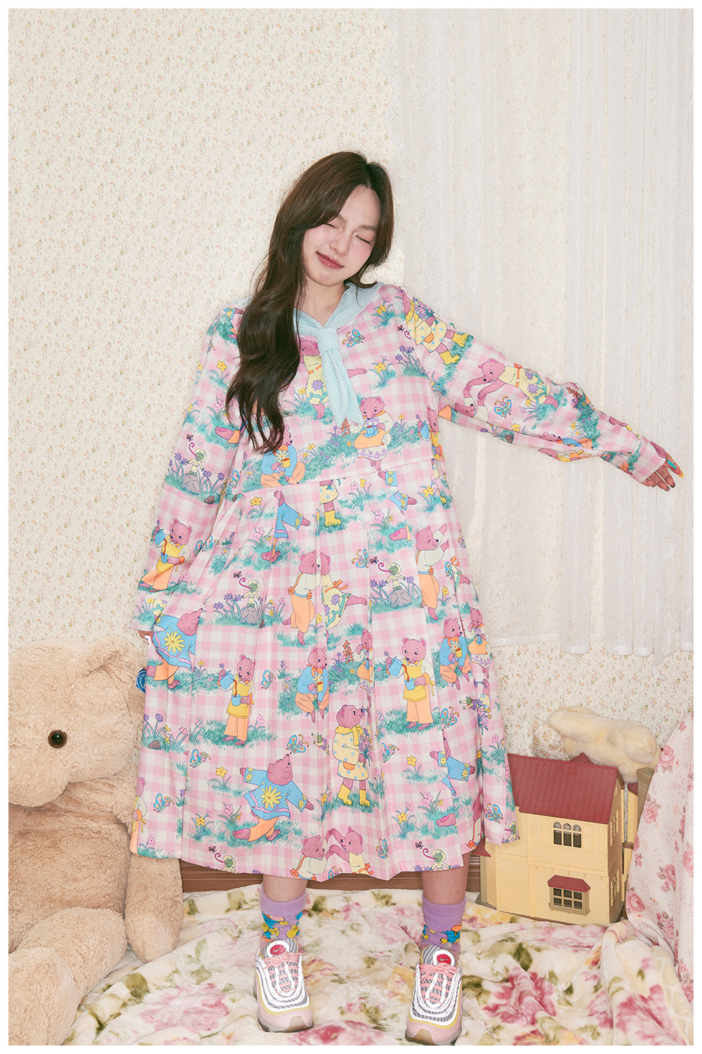 Pink Teddy Print Removable Sailor Collar Dress Kawaii Fall - tntntutu by Land Decora