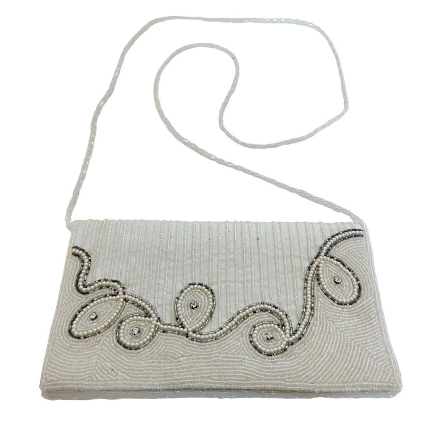 Vintage 80s La Regale White Beaded Evening Bag Clutch Structured by Hot Girl Secondhand