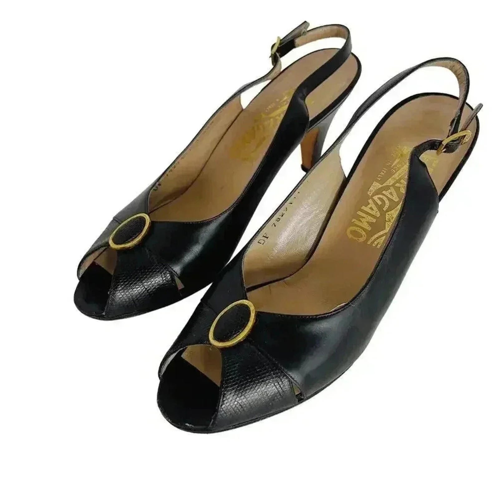 Ferragamo Vintage Leather Slingback Peep Toe Heels Gold Emblem Women's by Hot Girl Secondhand