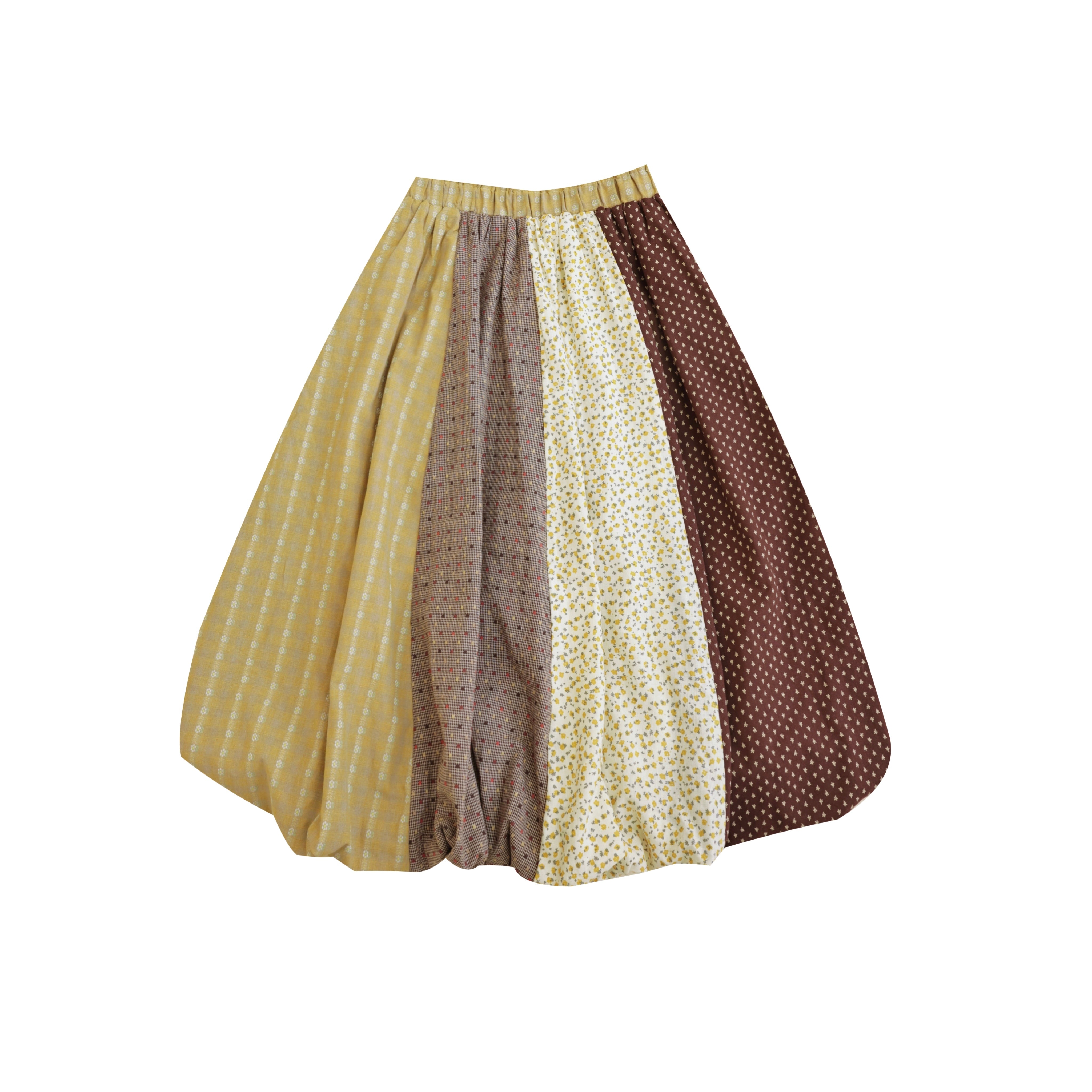 Kawaii Vintage Mustard Brown Patchwork Floral Puff Skirt - SemenCoicis by Land Decora