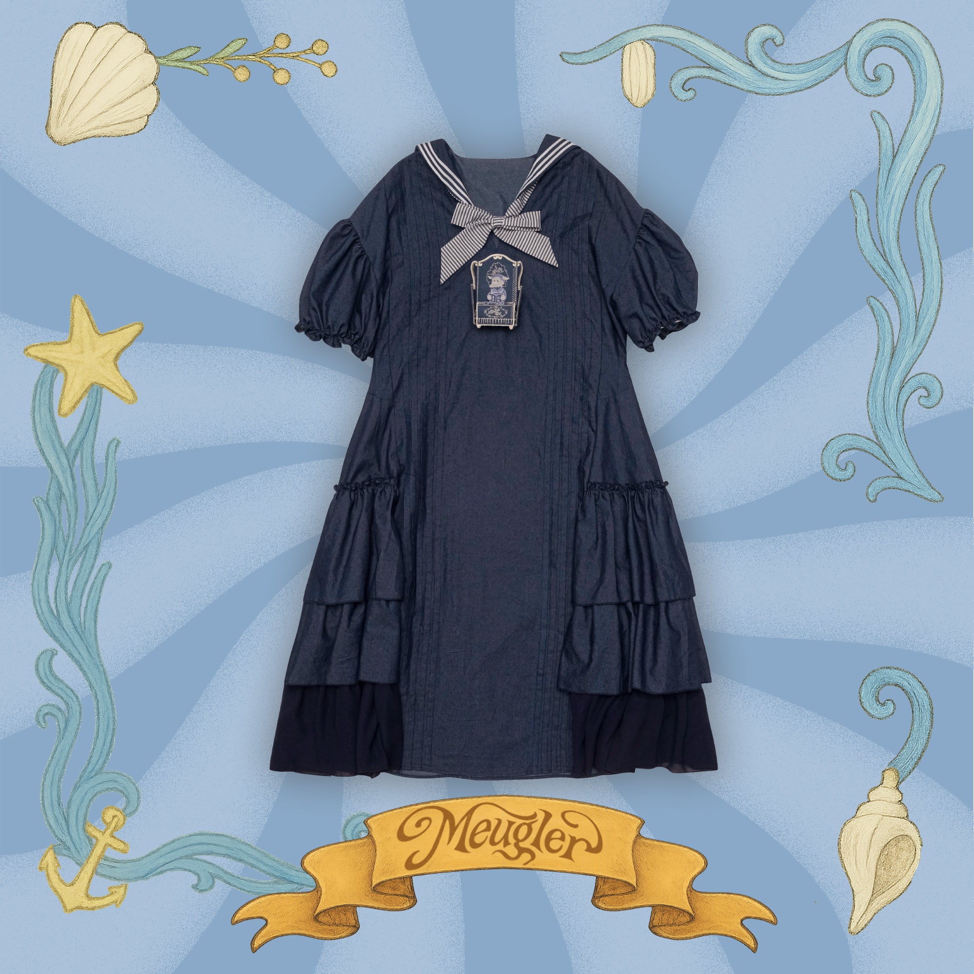 Kawaii Dress Dark Denim Sailor Collar Sofa Embroidery - Meugler by Land Decora
