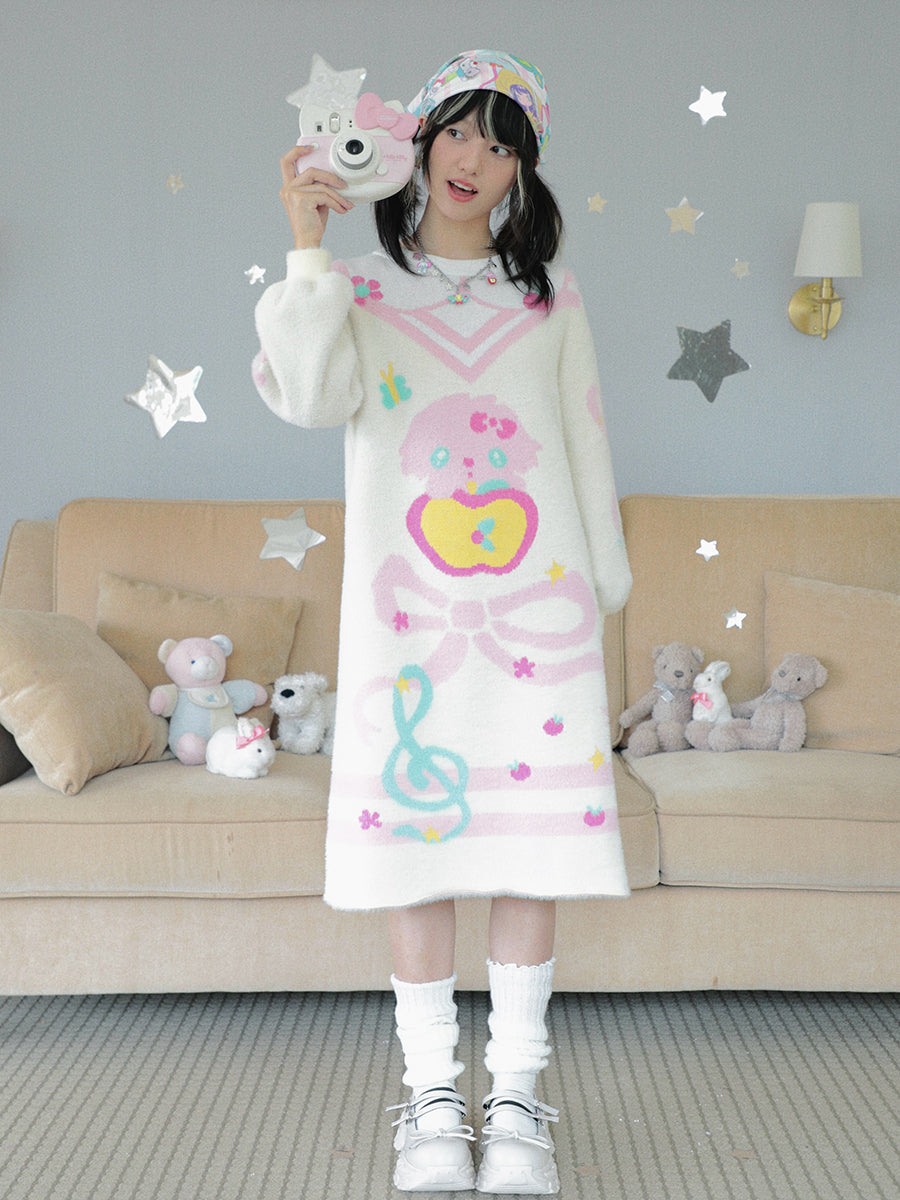 Kawaii Beige Faux Fur Knit Dress Soft Cozy Stretch - Hashtag DDD by Land Decora