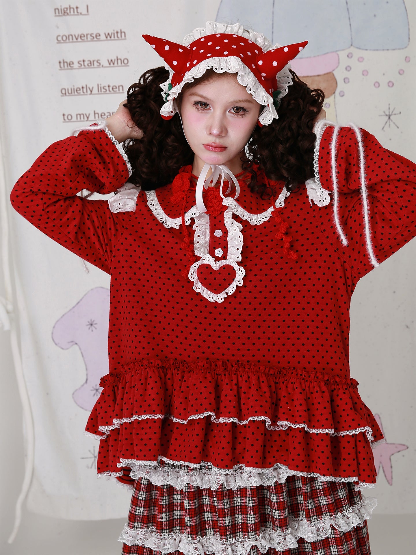 Kawaii Red Polka Dot Sweatshirt Vintage Christmas Lolita Top - SOS MEME CLUB by Land Decora