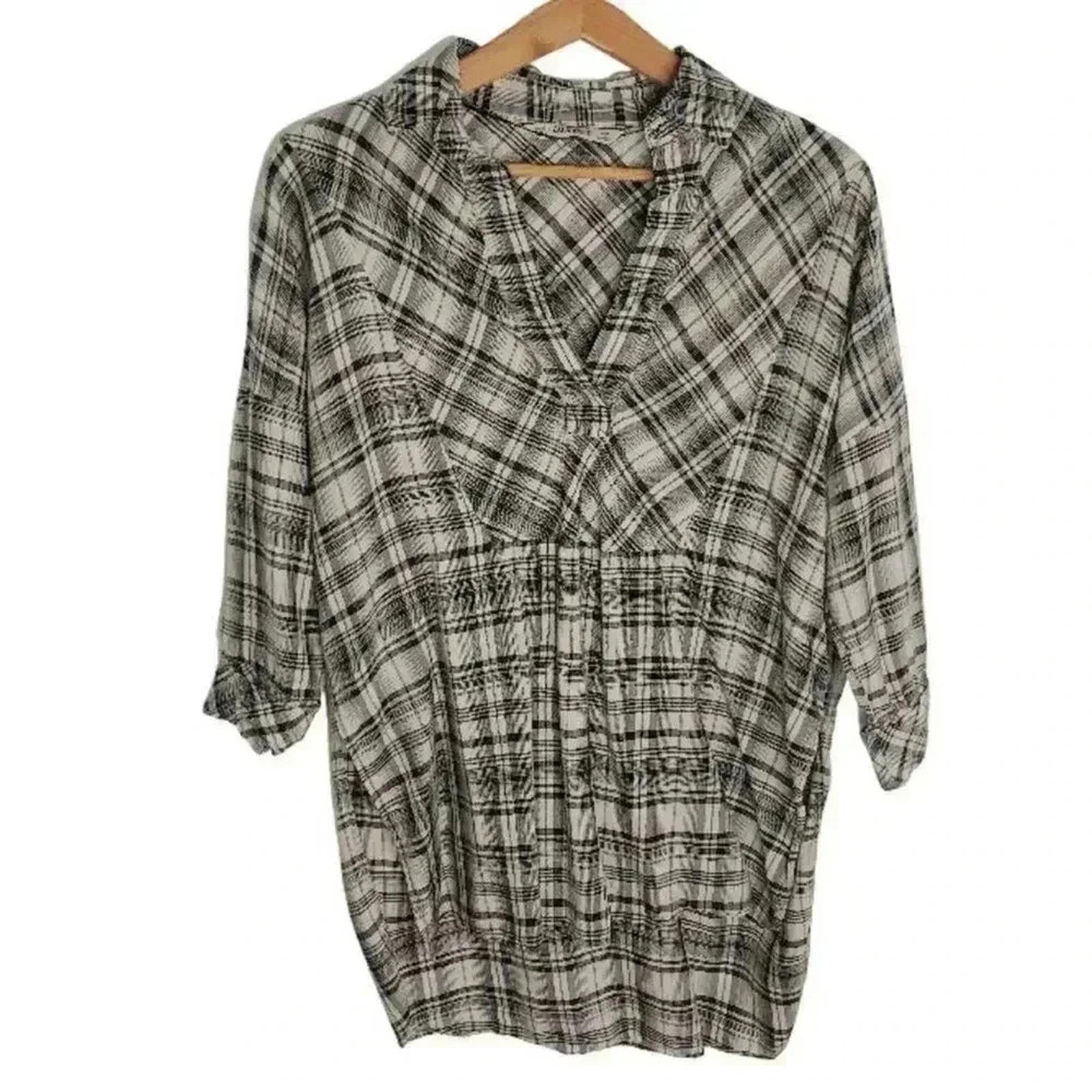 Zara Basic Black Cream Plaid Long Sleeve Tunic Blouse Women's Size XS by Hot Girl Secondhand