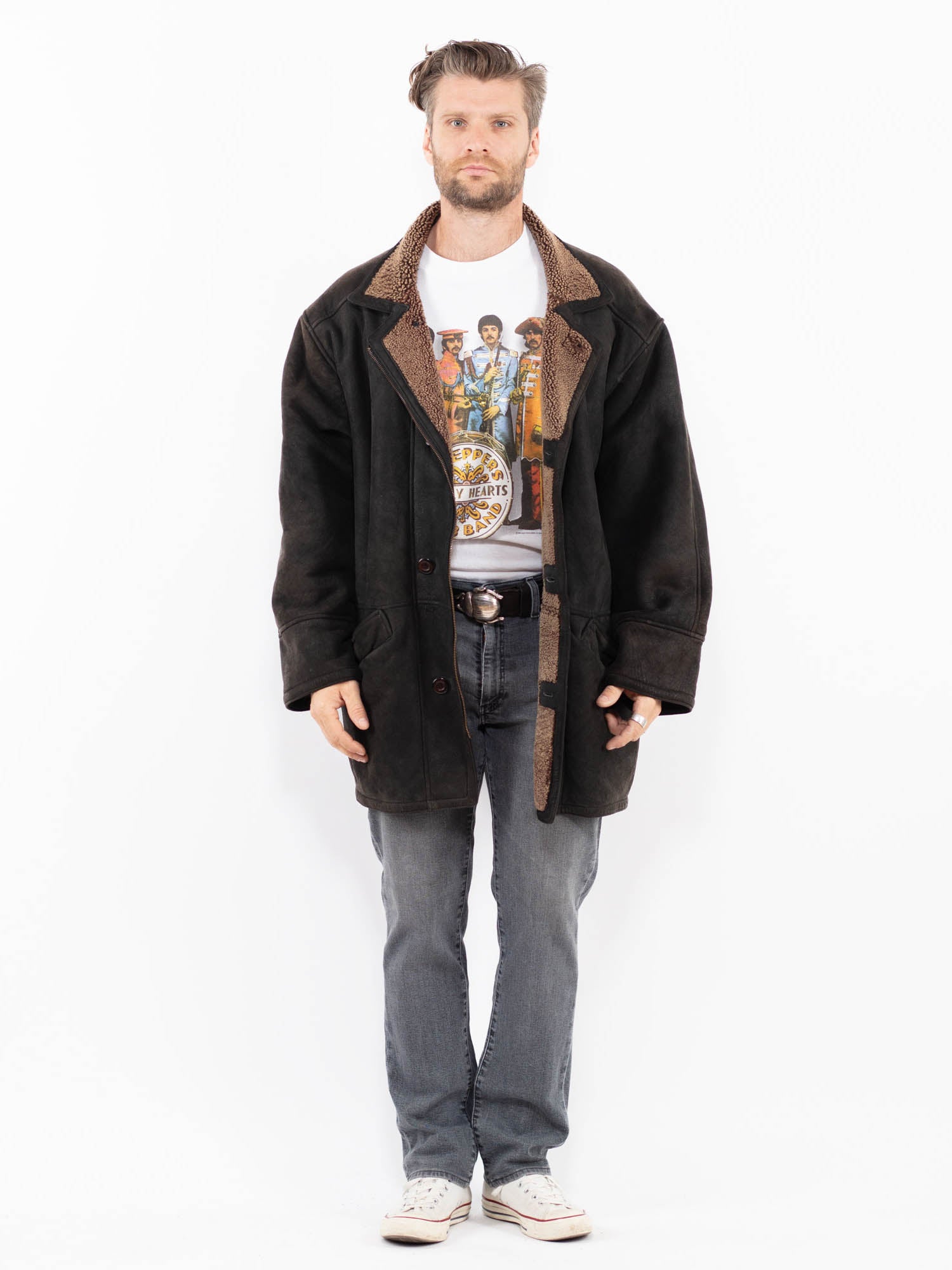 Vintage 90's Men Sheepskin Coat in Black by Northern Grip