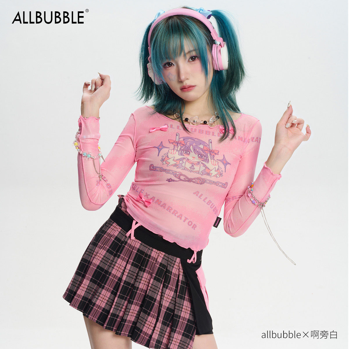 Y2K Pixel Mesh Long Sleeve Top - Allbubble by Land Decora