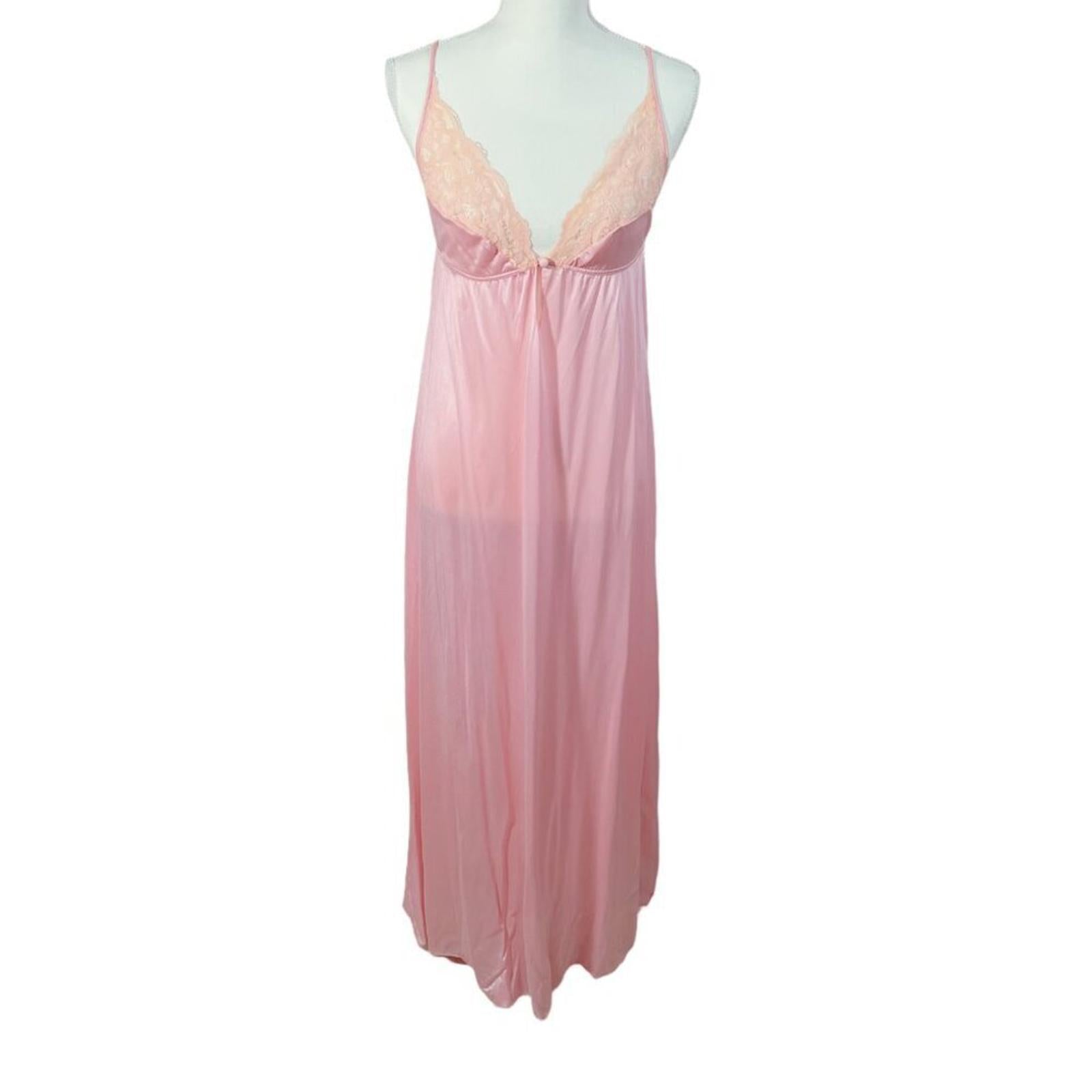 Vintage Flair Lingerie Pink Lace Nightgown Satin Maxi Dress 70s 80s Si by Hot Girl Secondhand
