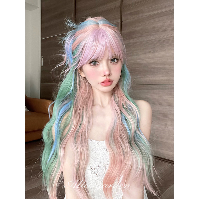Alice Garden Harajuku Style Rainbow Wig – Long Soft Curls with Mixed Colors by Land Decora