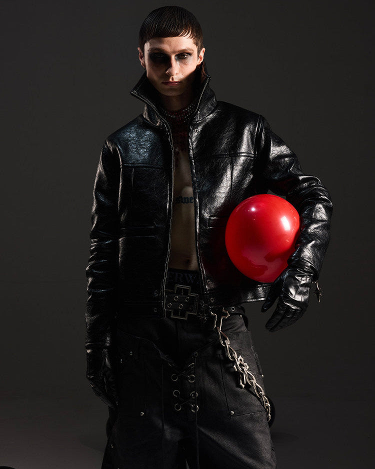 Cracked Leather Cropped Biker Jacket by OFFCULTURE