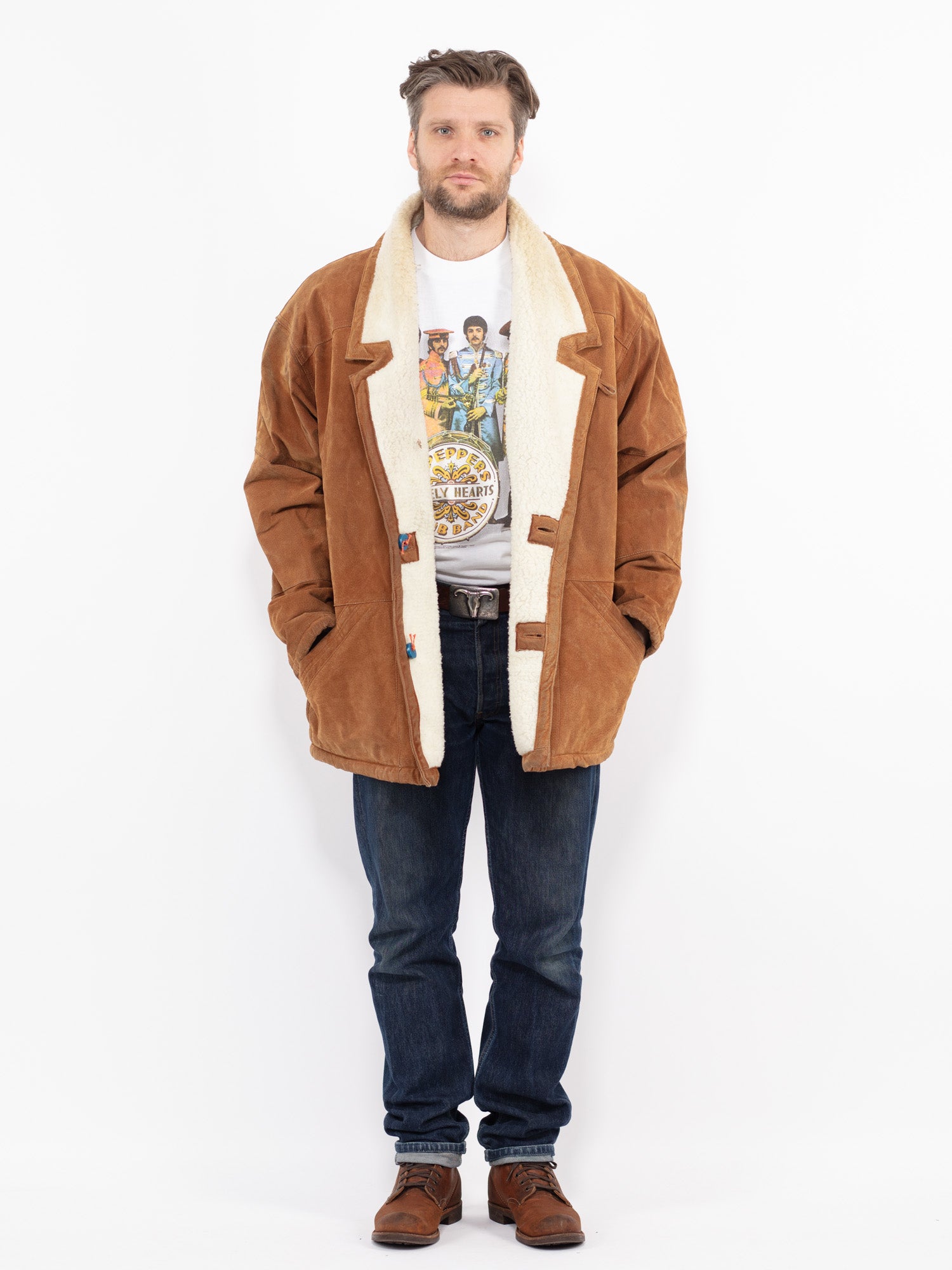 Vintage 90's Men Suede Sherpa Coat in Brown by Northern Grip