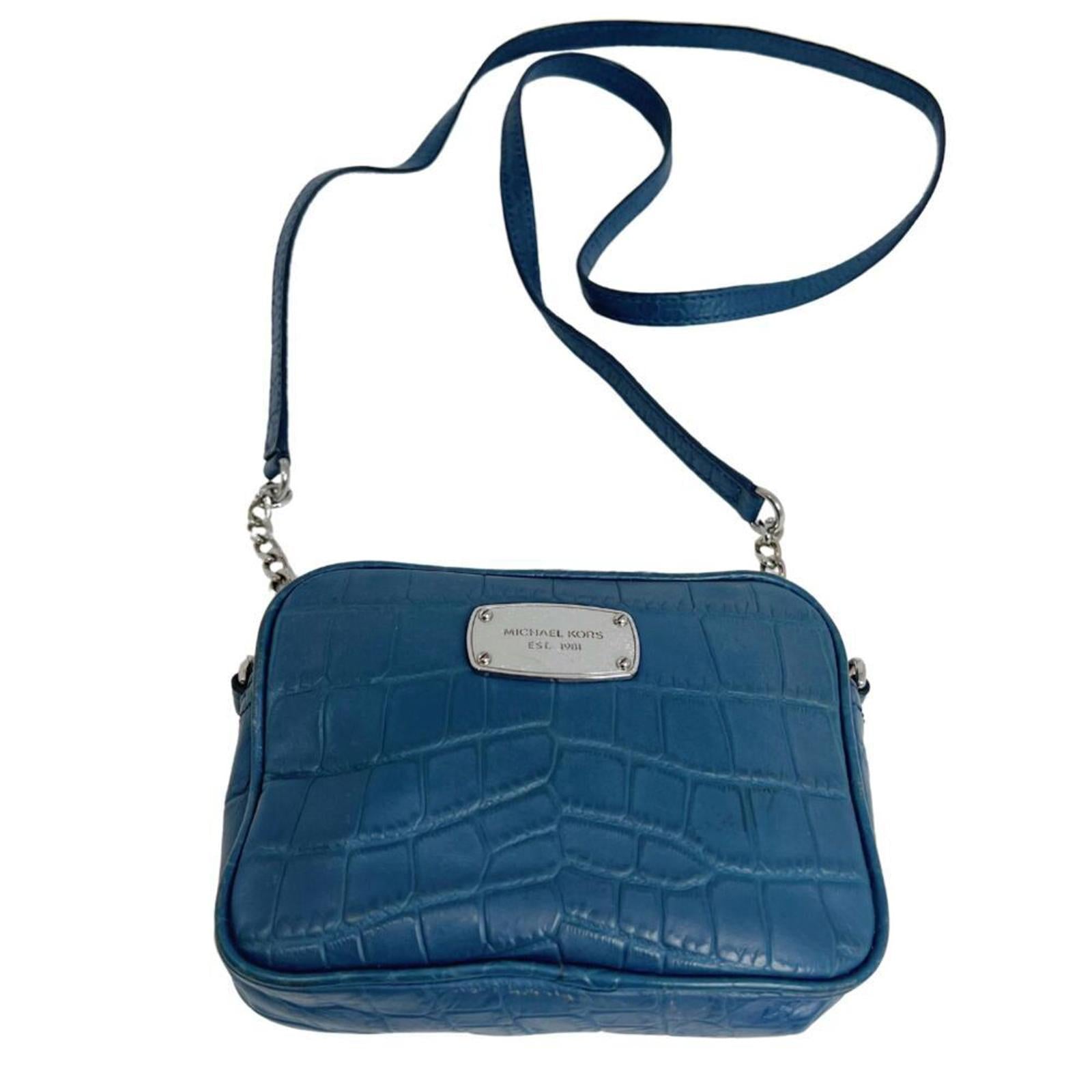 Michael Kors Blue Crocodile Embossed Leather Silver Chain Crossbody Ba by Hot Girl Secondhand