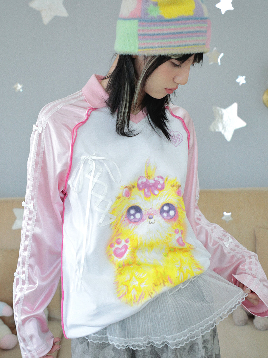 Y2K Oversized Polo Shih Tzu Print Jersey Casual Stretch - Hashtag DDD by Land Decora