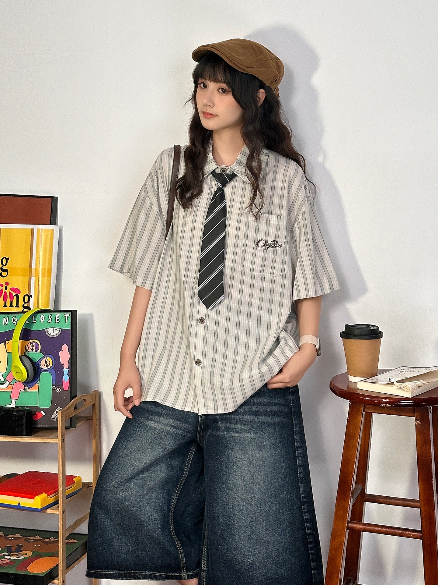 Retro Academy Stripe Shirt with Tie Y2K Preppy by Land Decora