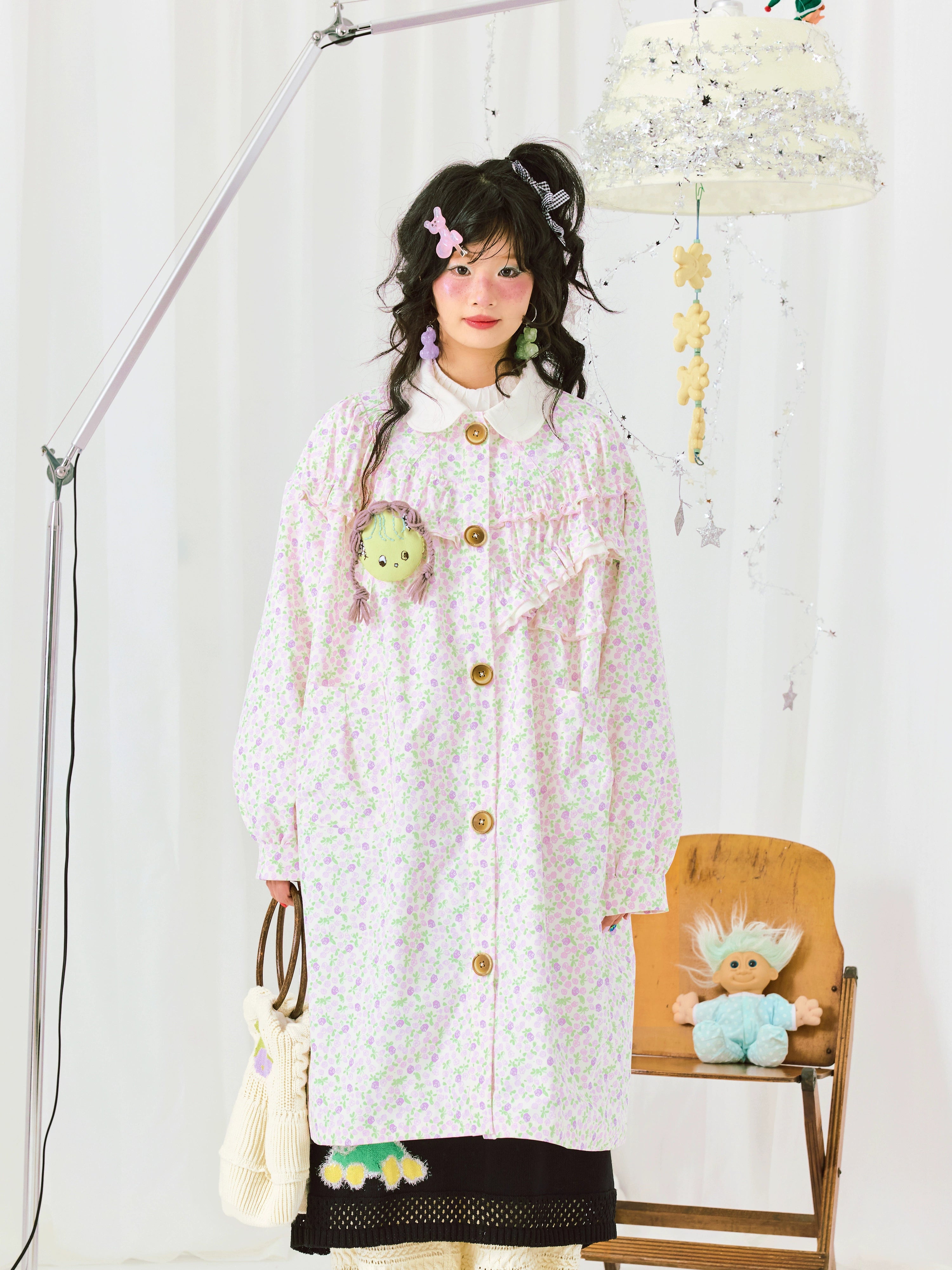 Harajuku Trench Coat Small Floral Print Peter Pan Collar Long Sleeve Trench Coat - HELPHELP by Land Decora