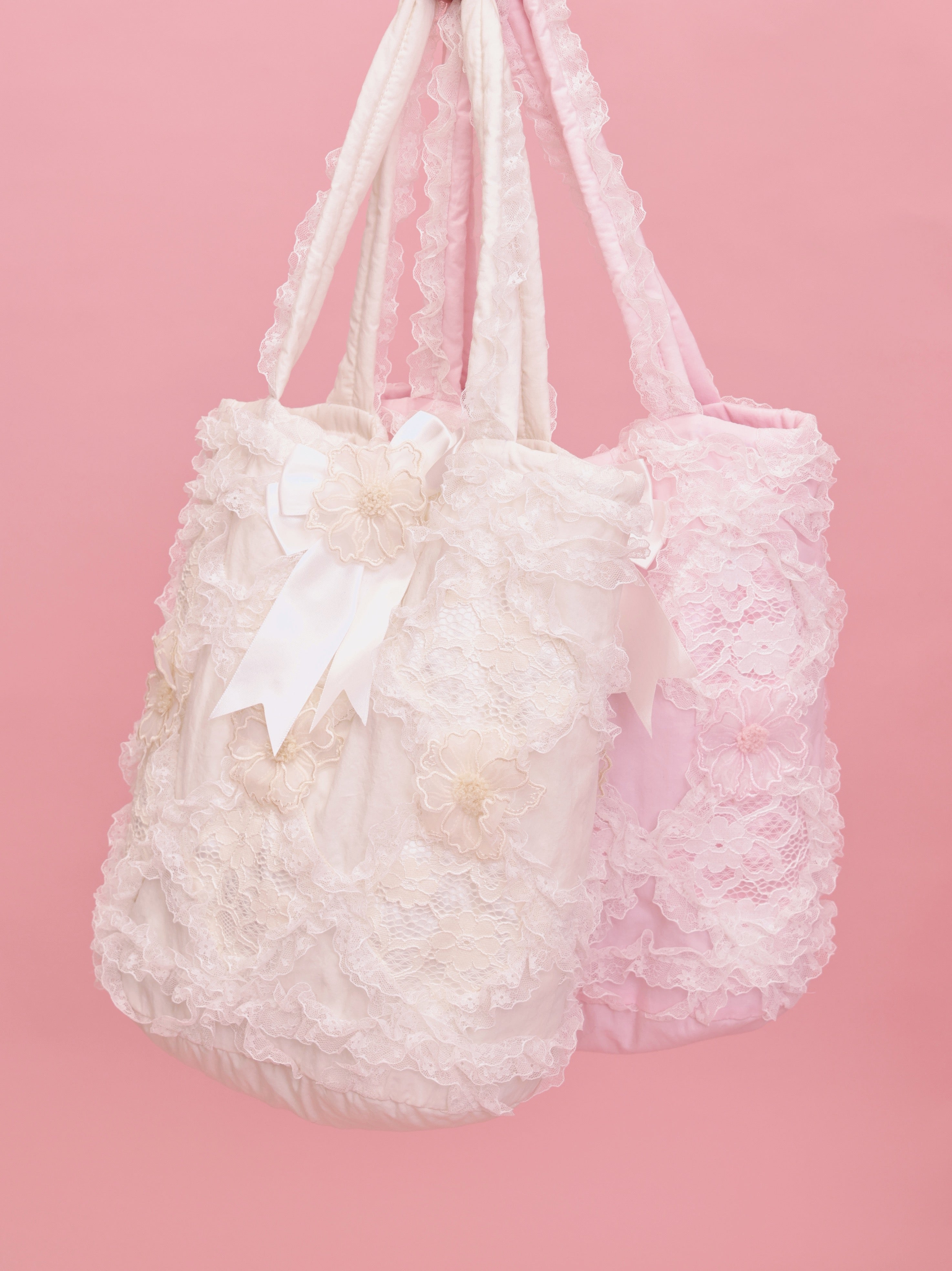 Kawaii Lace Satin Shoulder Bag - Embroidered Puffy Floral - SemenCoicis by Land Decora