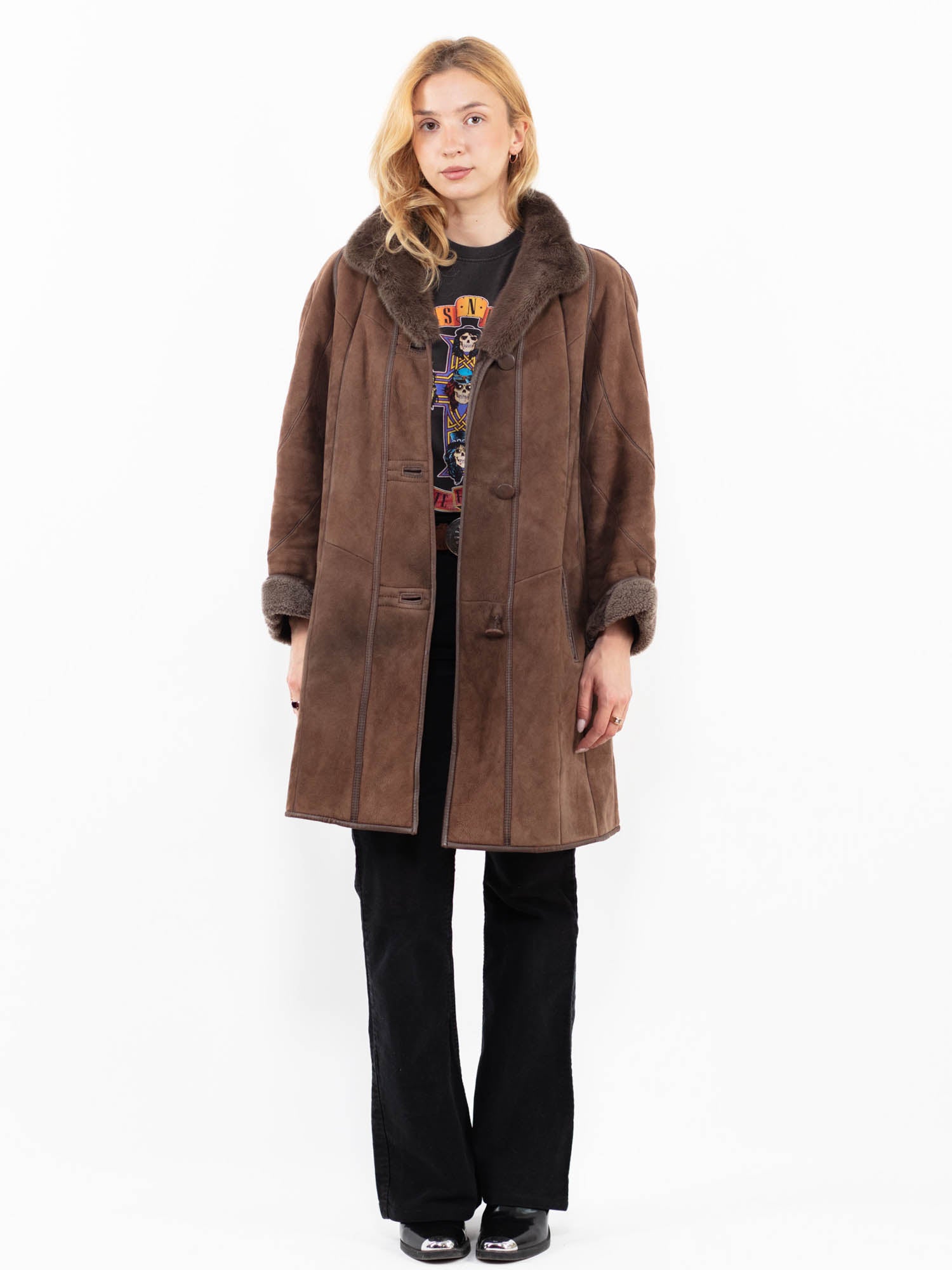 Vintage 80's Women Sheepskin Coat Real Fur Collar in Brown by Northern Grip