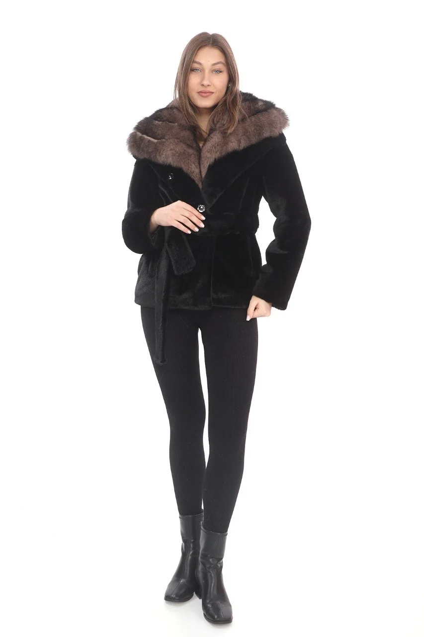 Black Llama Fur Coat with Brown Fox Fur Collar by Kolleen Boutique