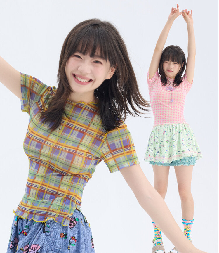 Pink Plaid Mesh Top | Fairy Kei Kawaii Harajuku Layering Shirt by Land Decora