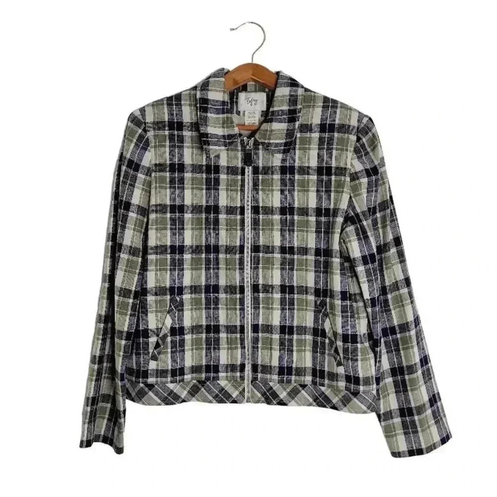 Vintage Tofy Green Blue Plaid Zip Up Jacket Women's Size 12 by Hot Girl Secondhand