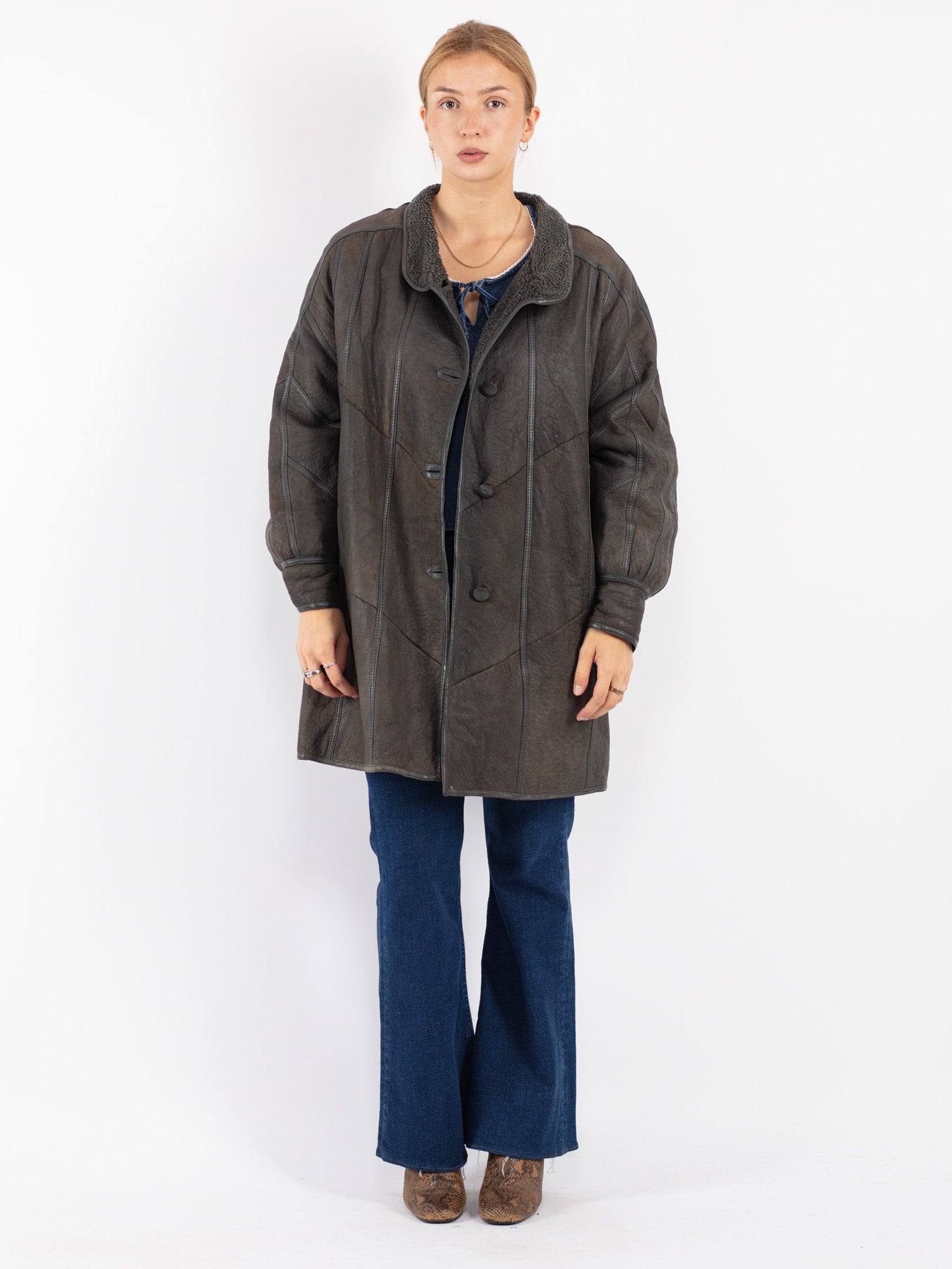 Vintage 80's Women Sheepskin Coat in Gray by Northern Grip