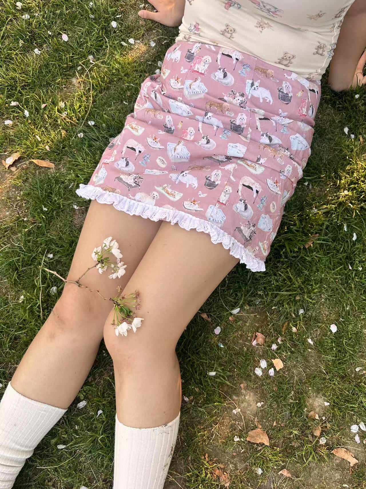 Cat Print A-Line Mini Skirt | Japanese Retro Kawaii Skirt by Land Decora