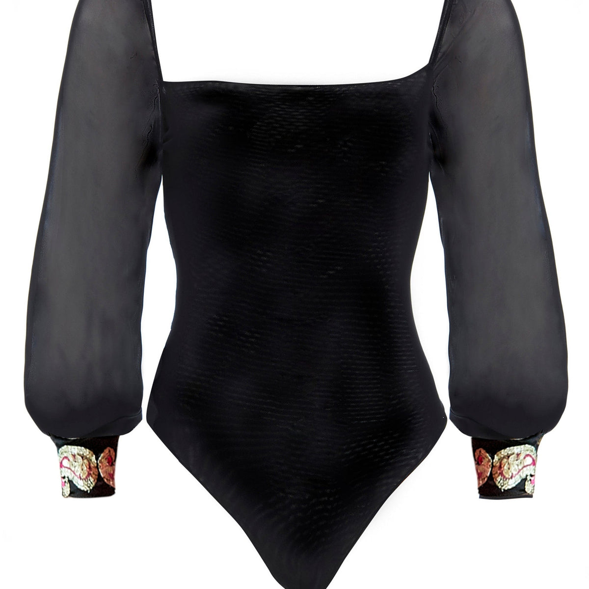 Black Mesh Bodysuit Long Sleeve With Embellished Cuffs By Sarvin by Sarvin