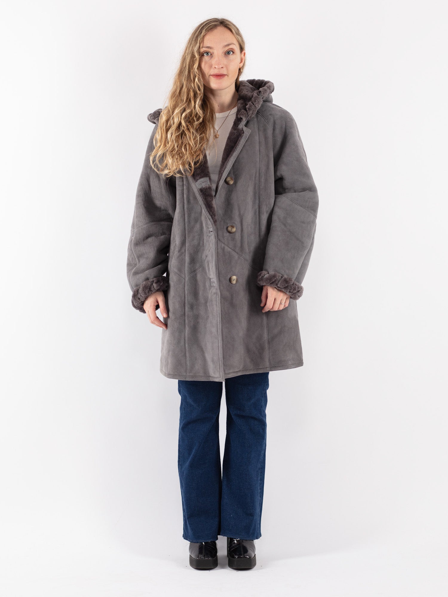 Vintage 80's Women Hide Society Sheepskin Coat in Gray by Northern Grip