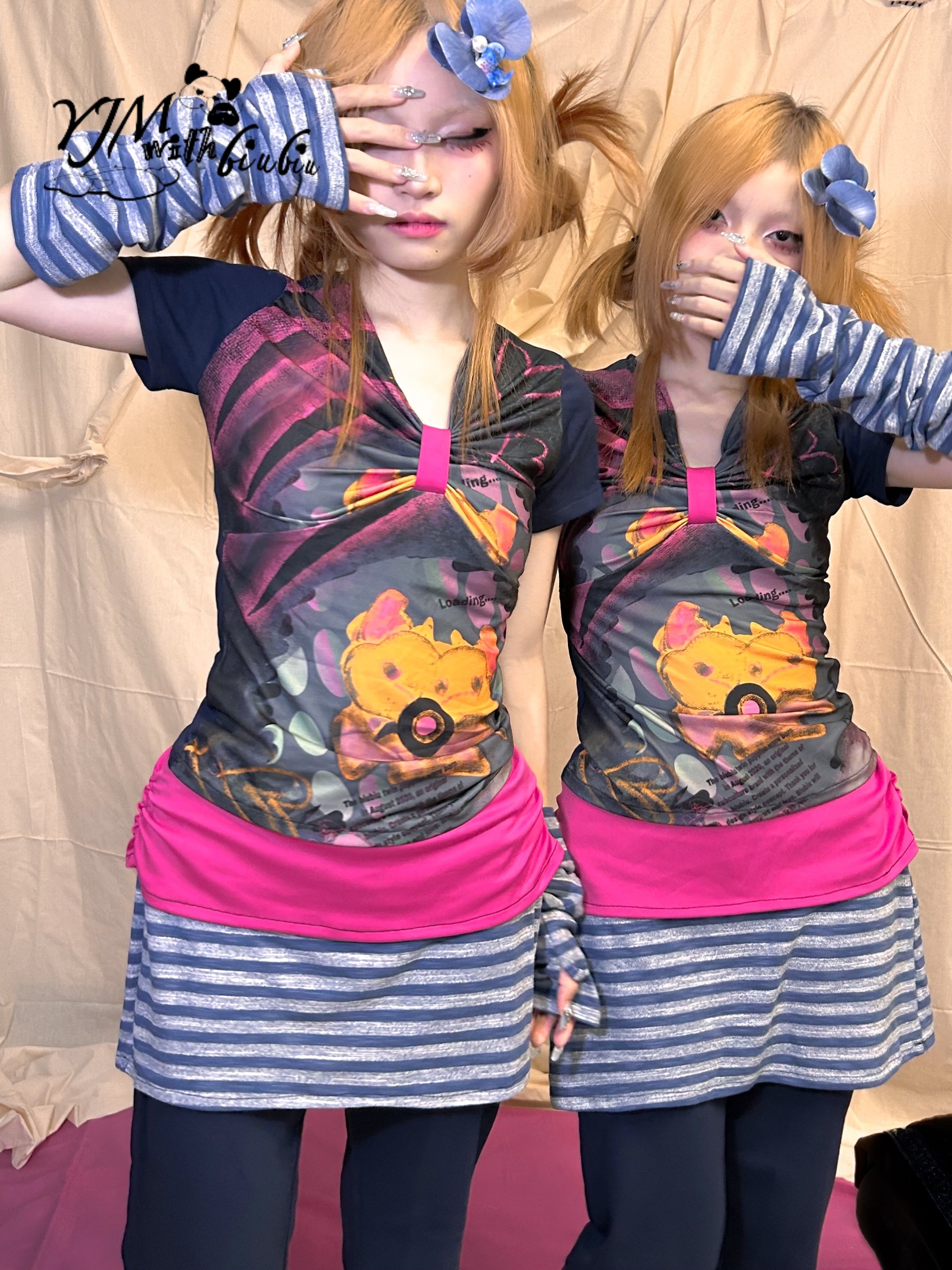 YJM with biubiu Sunset Blues Bow Top – Harajuku Graffiti Tee by Land Decora