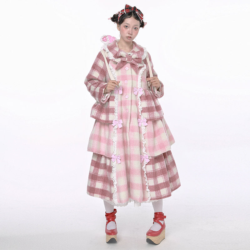 SOS MEME CLUB – Showa Pink Plaid Wool Coat Kawaii Sweet Winter Jacket by Land Decora