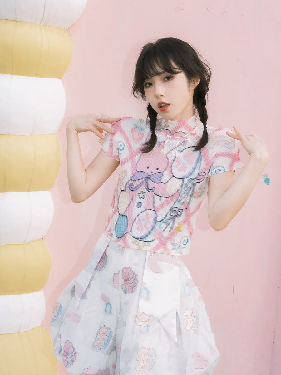 Girly Rabbit Phone Pleated Top - Meugler by Land Decora
