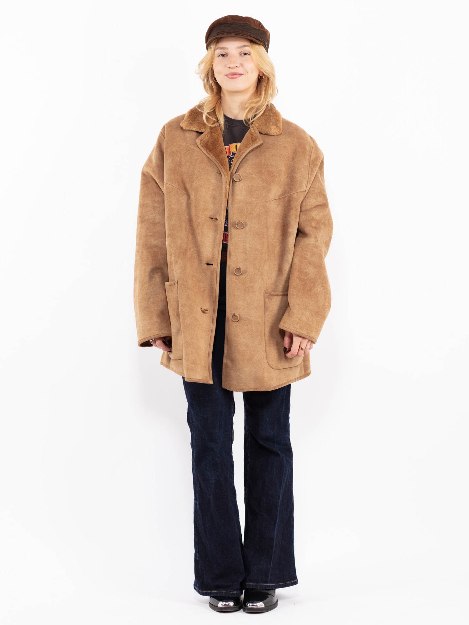 Vintage 00's Women Oversized Faux Sheepskin Coat in Beige by Northern Grip